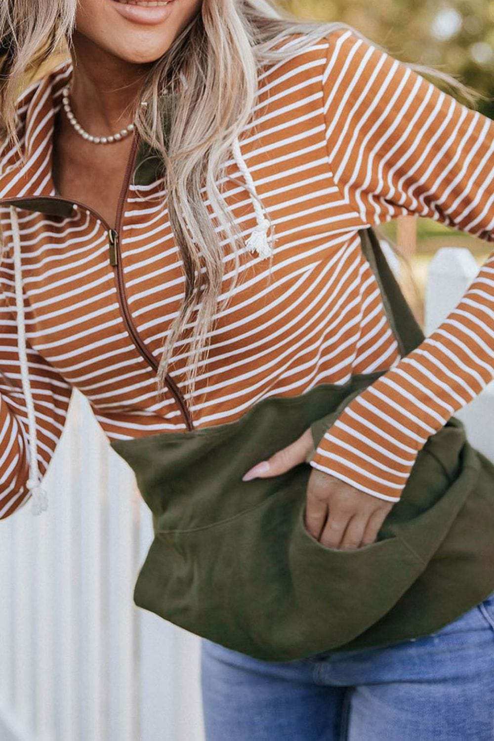 Drawstring Stripe Half Zip Long Sleeve Hoodie - Trendsi - Flyclothing LLC