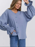 Button Up Flounce Sleeve Shirt - Trendsi - Flyclothing LLC