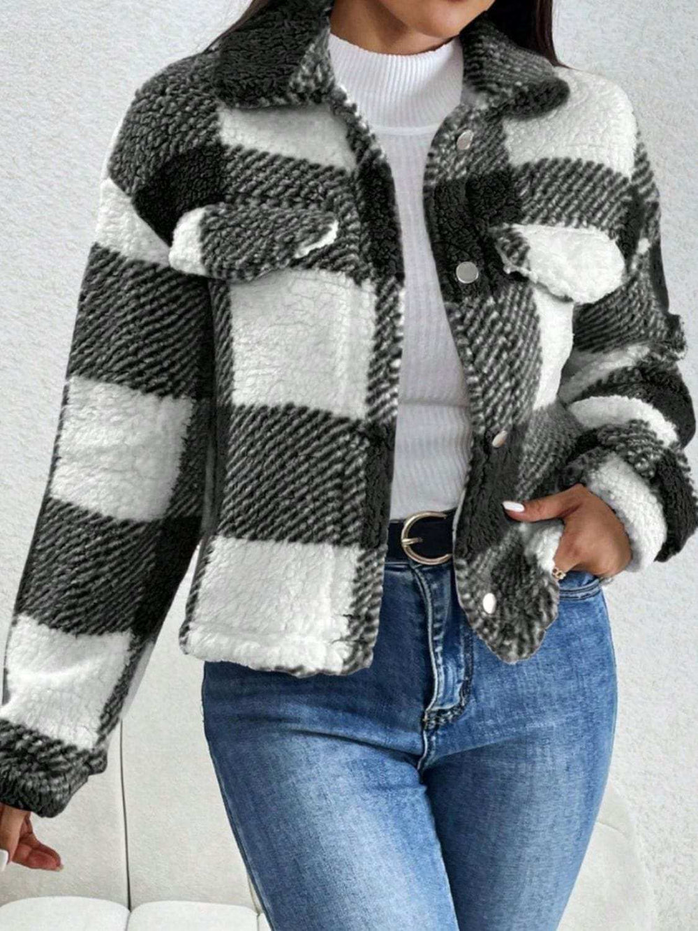 Decorative Pocket Flap Plaid Long Sleeve Jacket - Trendsi - Flyclothing LLC
