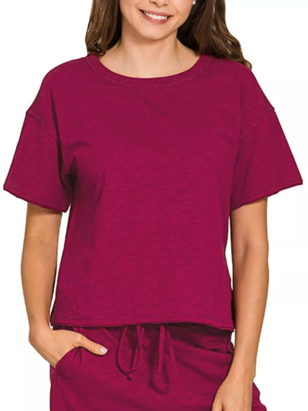 Zenana Cotton Slub Short Sleeve Tee and Pants Set - Trendsi - Flyclothing LLC