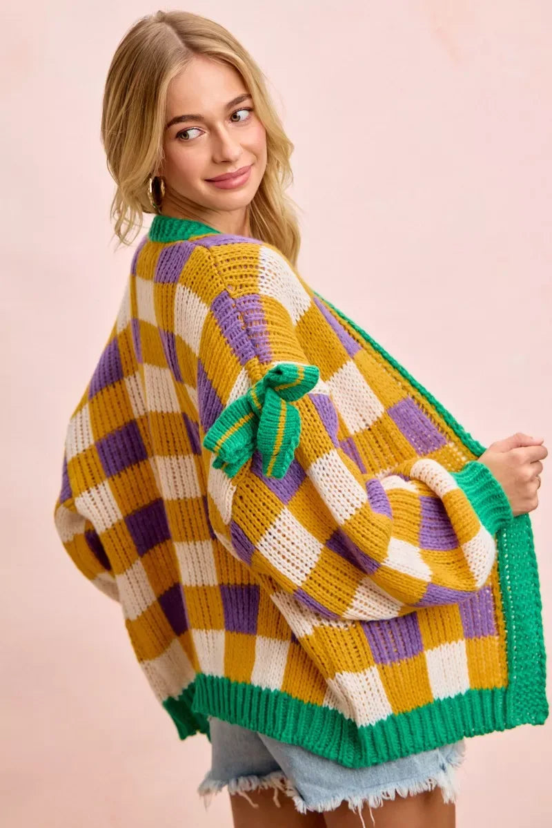 BiBi Mardigras Checker Board Front Open Cardigan - Trendsi - Flyclothing LLC