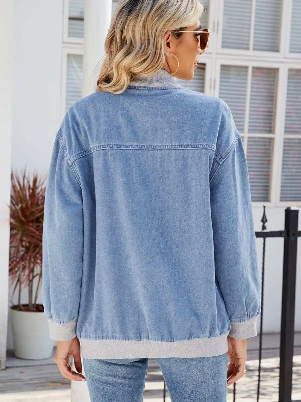 Pocketed Zip Up Baseball Collar Denim Jacket - Trendsi - Flyclothing LLC