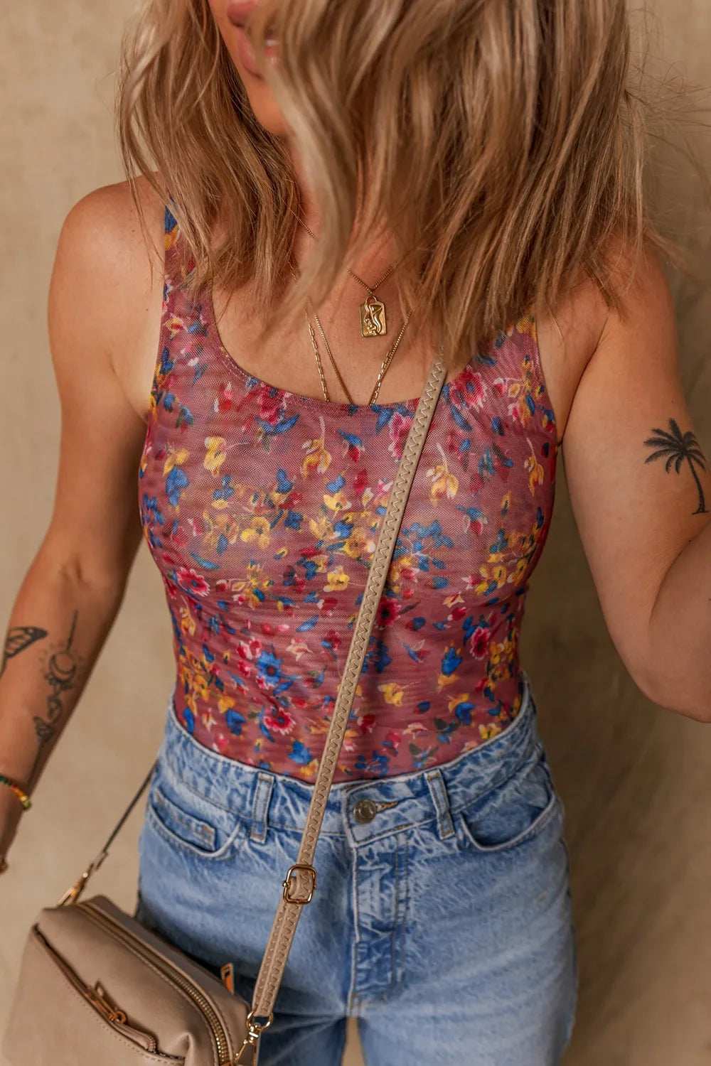 Floral Mesh Scoop Neck Wide Strap Bodysuit - Trendsi - Flyclothing LLC
