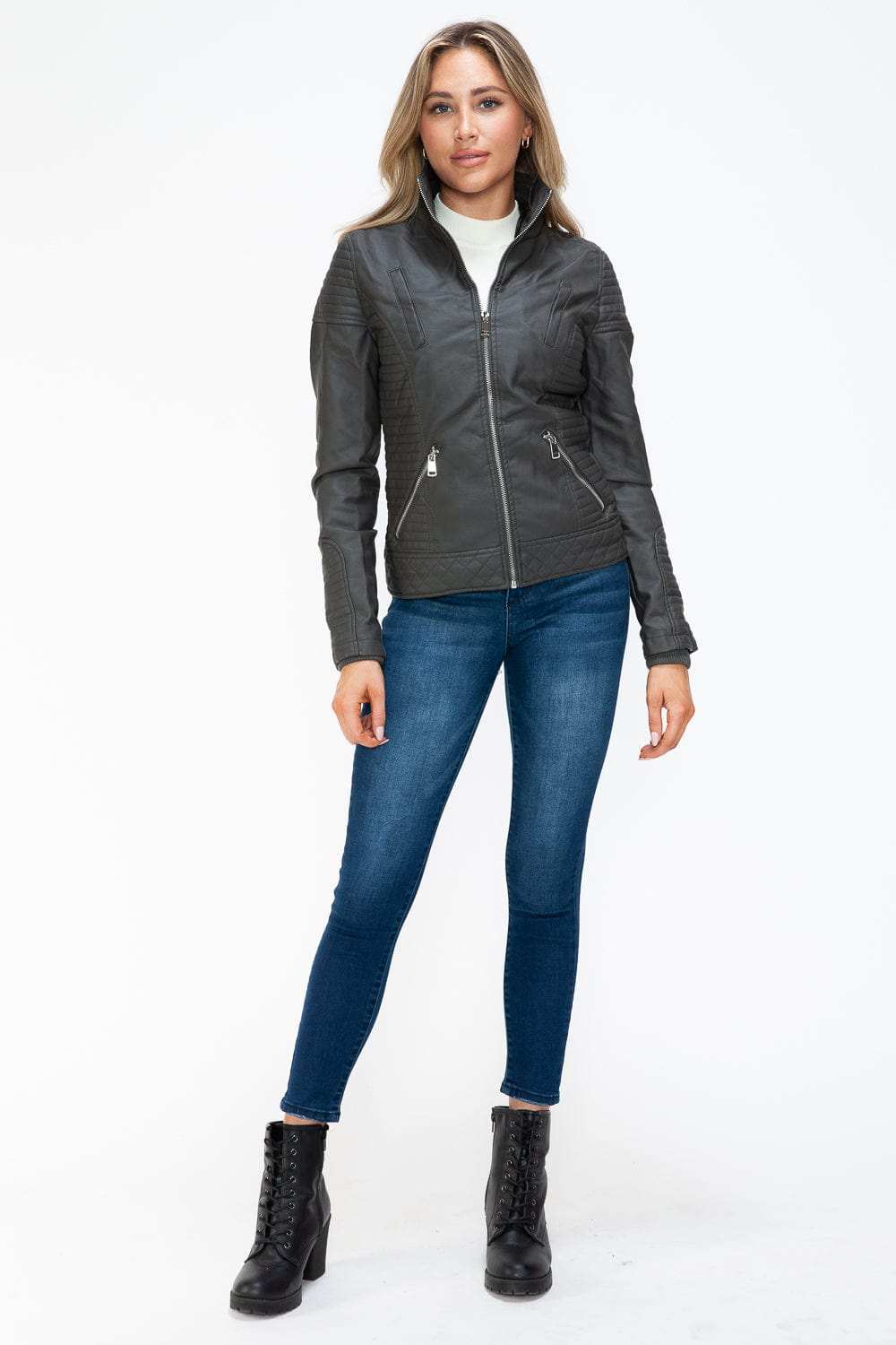 YMI Faux Layered Double-Zipper Jacket with Fuzzy Hood - Trendsi - Flyclothing LLC