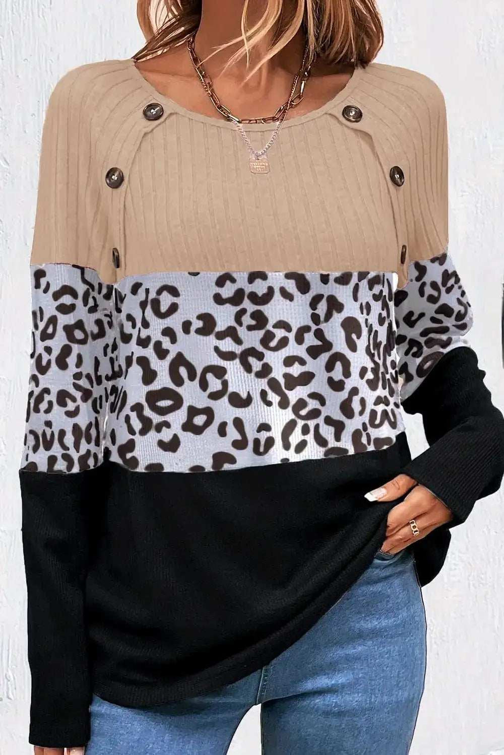 Leopard Round Neck Long Sleeve Top - Trendsi - Flyclothing LLC