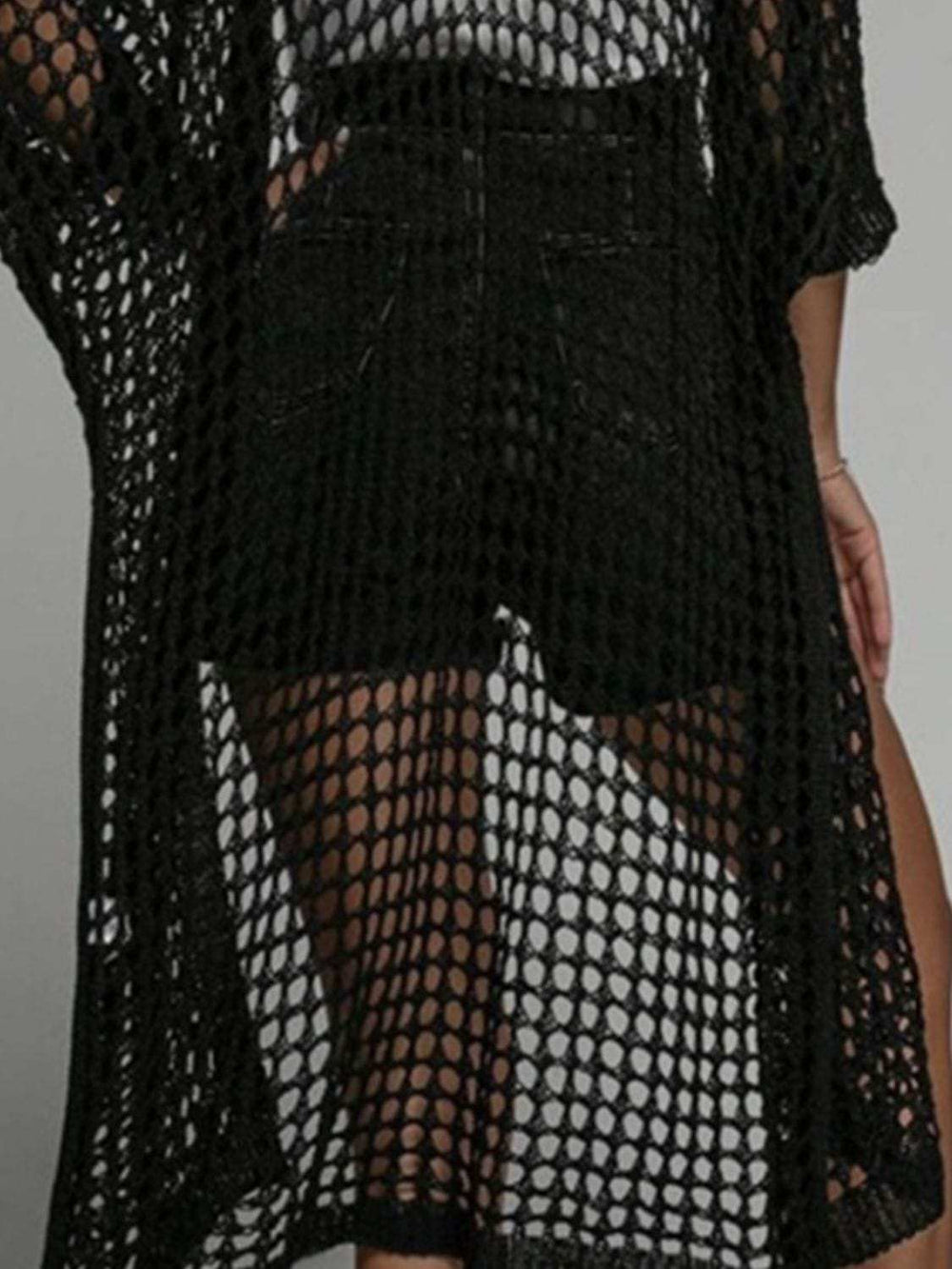 Openwork Open Front Three-Quarter Sleeve Cover Up - Trendsi - Flyclothing LLC