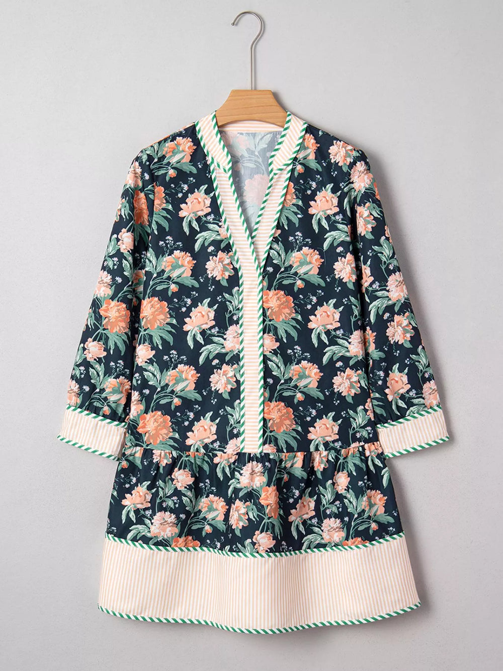 Floral Print Striped Trim V Neck Long Sleeve Ruffle Hem Shift Mini Dress - Trendsi - Flyclothing LLC