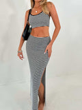 Perfee Striped Halter Neck Top and Slit Skirt Set - Trendsi - Flyclothing LLC