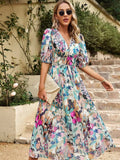 Smocked Printed V-Neck Half Sleeve Midi Dress - Trendsi - Flyclothing LLC