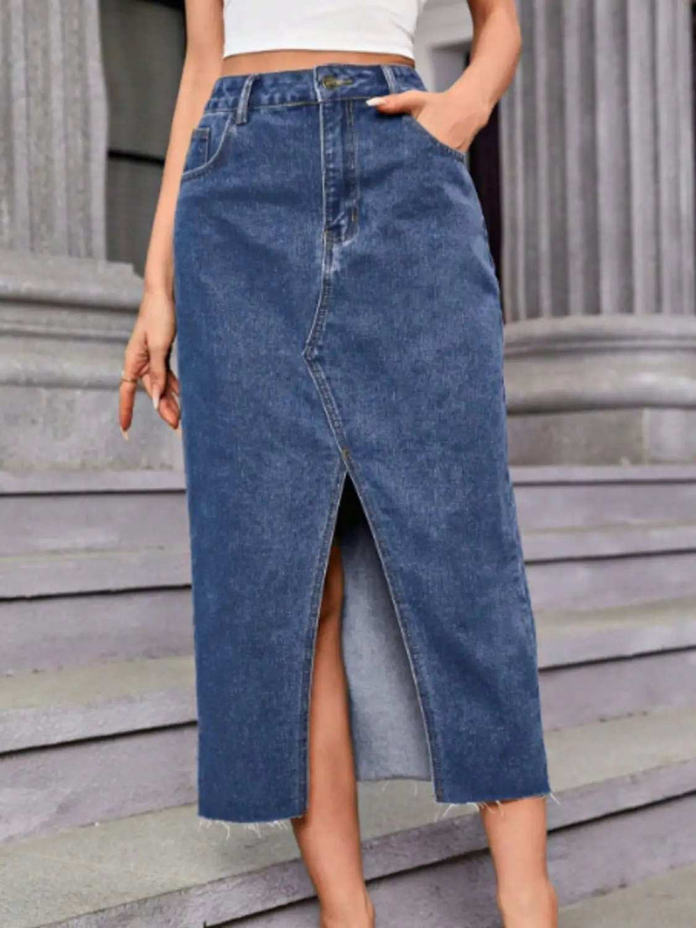 Slit Midi Denim Skirt with Pockets - Trendsi - Flyclothing LLC
