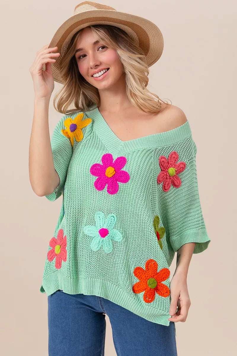 BiBi Flower Patches Dolman Sleeve Lightweight Sweater - Trendsi - Flyclothing LLC