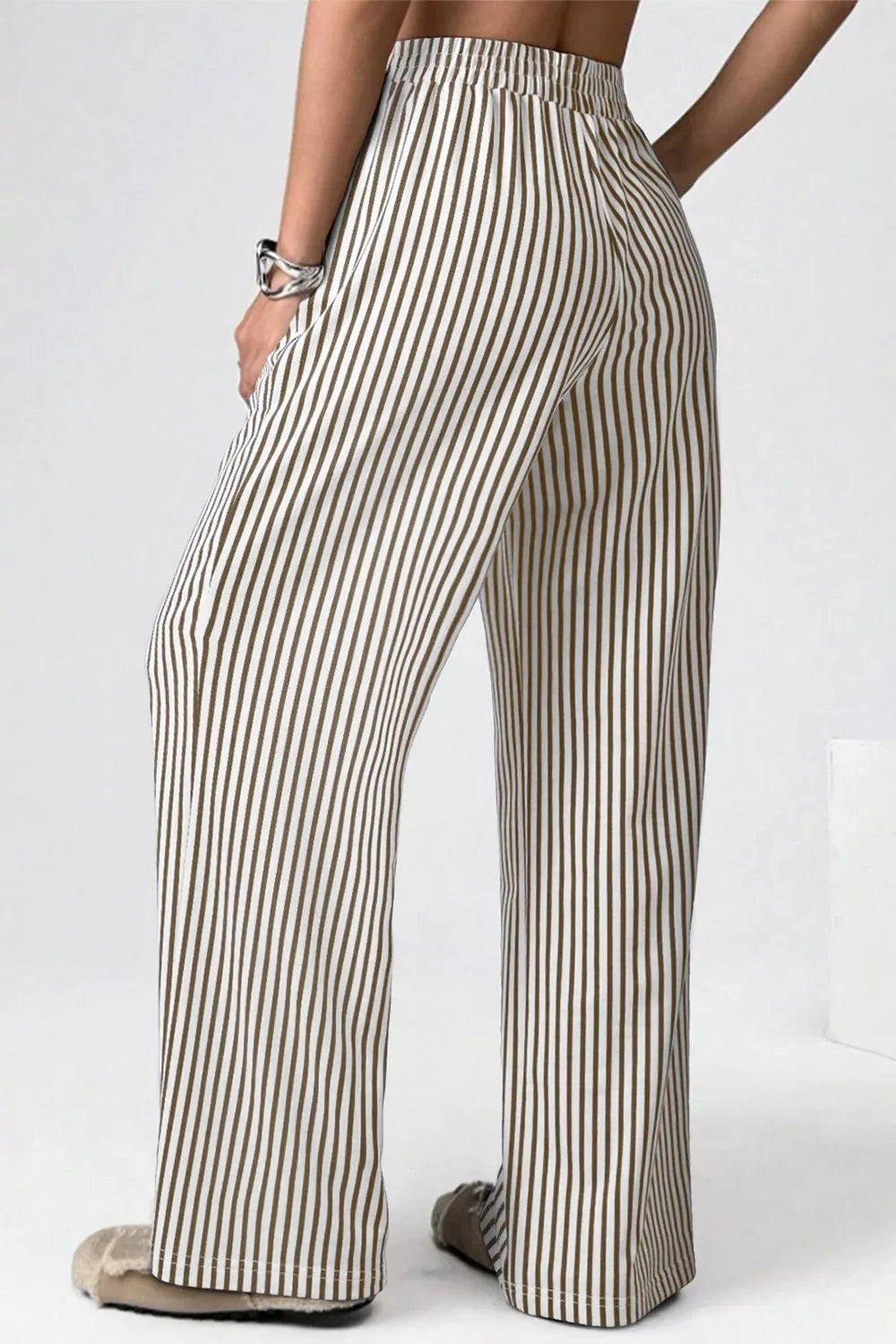 Stripe Elastic High Waist Pocketed Loose Pants - Trendsi - Flyclothing LLC