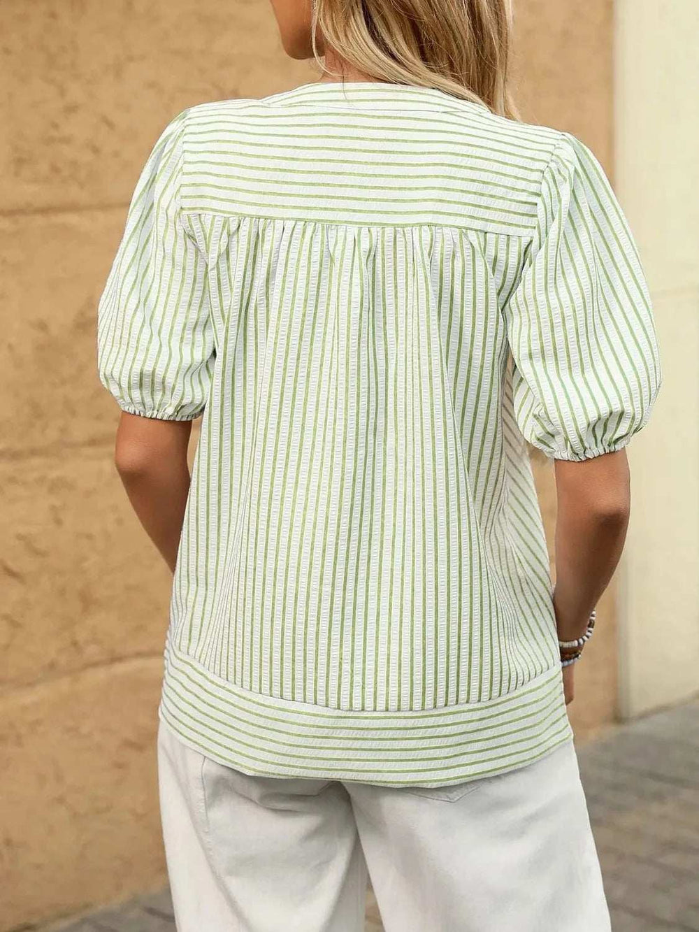 Striped Notched Puff Sleeve Blouse - Trendsi - Flyclothing LLC