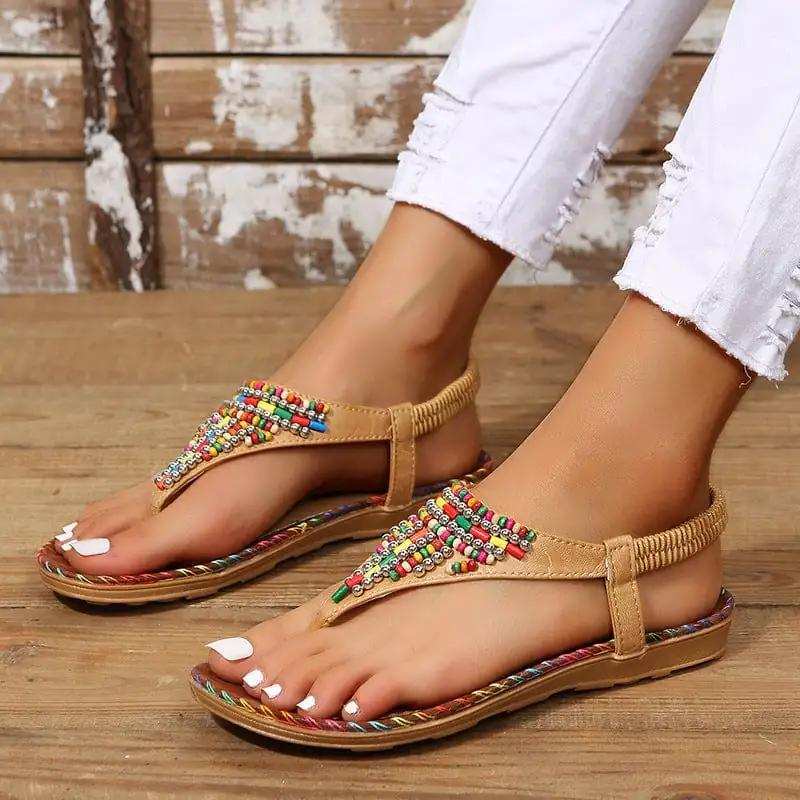 PU Leather Beaded Flat Sandals - Trendsi - Flyclothing LLC