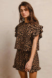 BiBi Leopard Print Waffle Texture Layered Ruffle Sleeve Top and Shorts Set - Trendsi - Flyclothing LLC