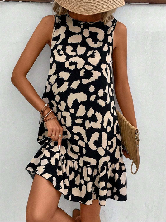 Tied Leopard Round Neck Tank Dress - Trendsi - Flyclothing LLC