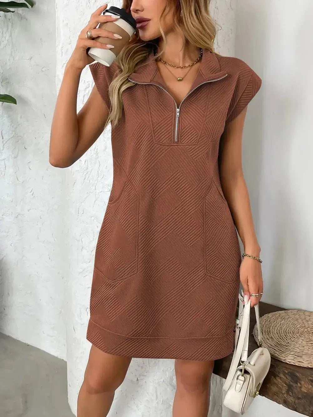 Texture Half Zip Cap Sleeve Mini Dress - Trendsi - Flyclothing LLC