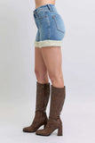Judy Blue Full Size Hw Tummy Control Shearling Cuff Denim Shorts Plus Size - Trendsi - Flyclothing LLC