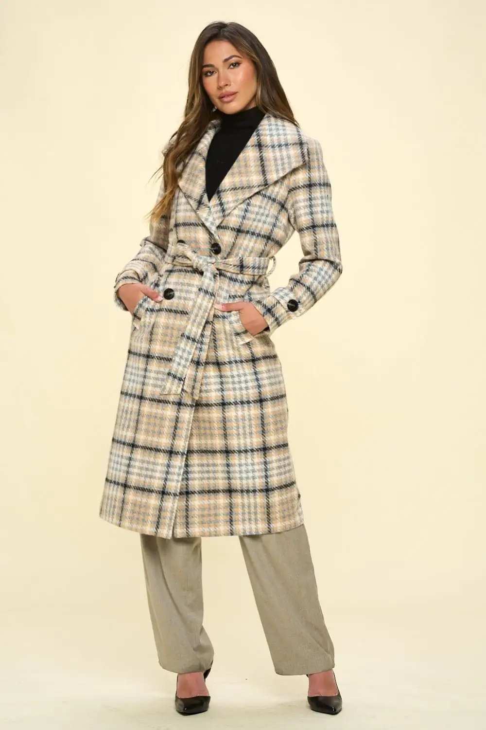 Coalition LA Double-Breasted Plaid Coat with Belt - Trendsi - Flyclothing LLC