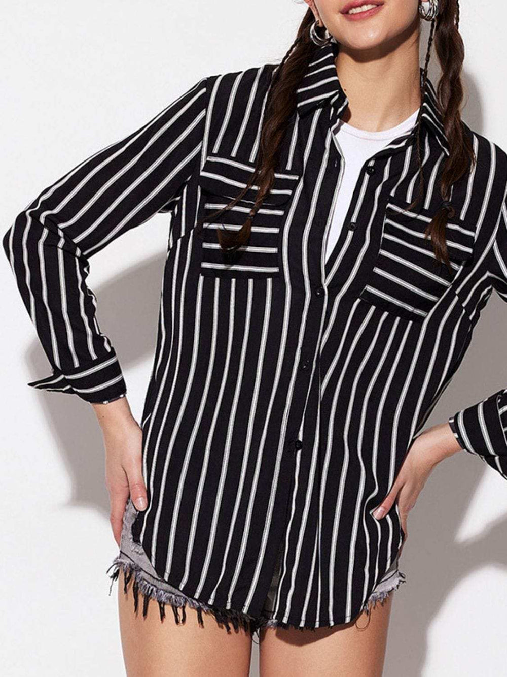 Striped Collared Neck Long Sleeve Shirt - Trendsi - Flyclothing LLC