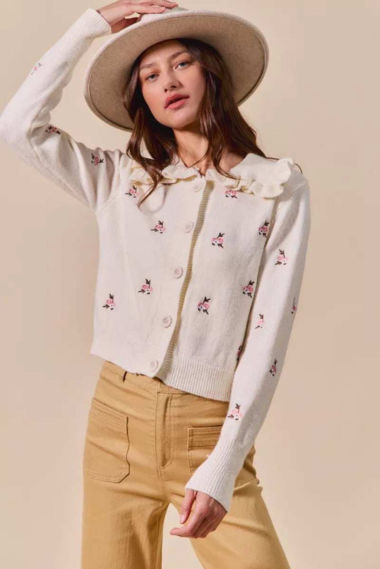 SO ME Collared Floral Embroidered Button Down Sweater Cardigan - Trendsi - Flyclothing LLC