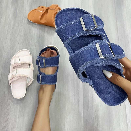 Raw Hem Open Toe Double Buckle Sandals - Trendsi - Flyclothing LLC