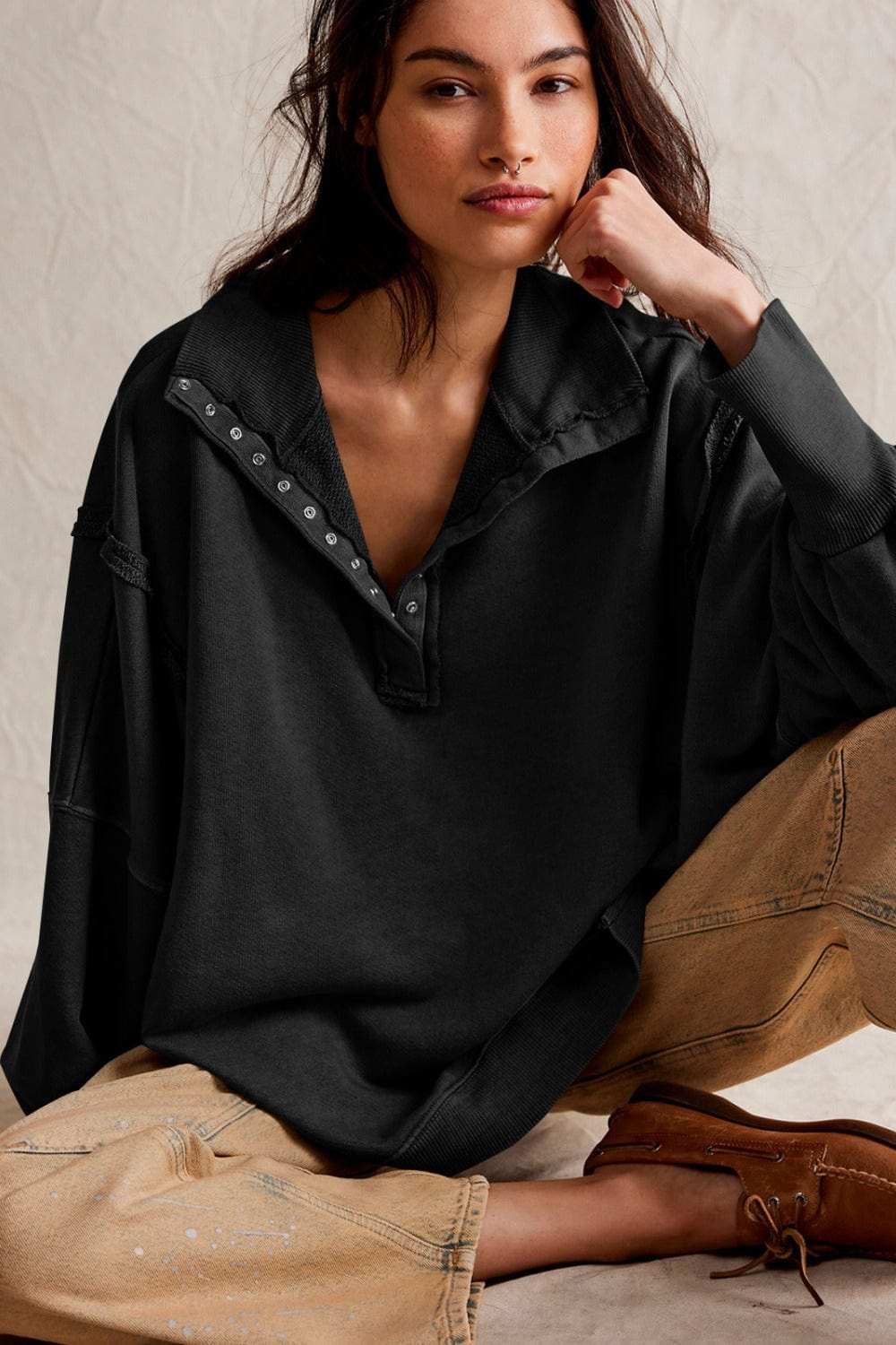 Exposed Seam Side Slit Long Sleeve Sweatshirt - Trendsi - Flyclothing LLC