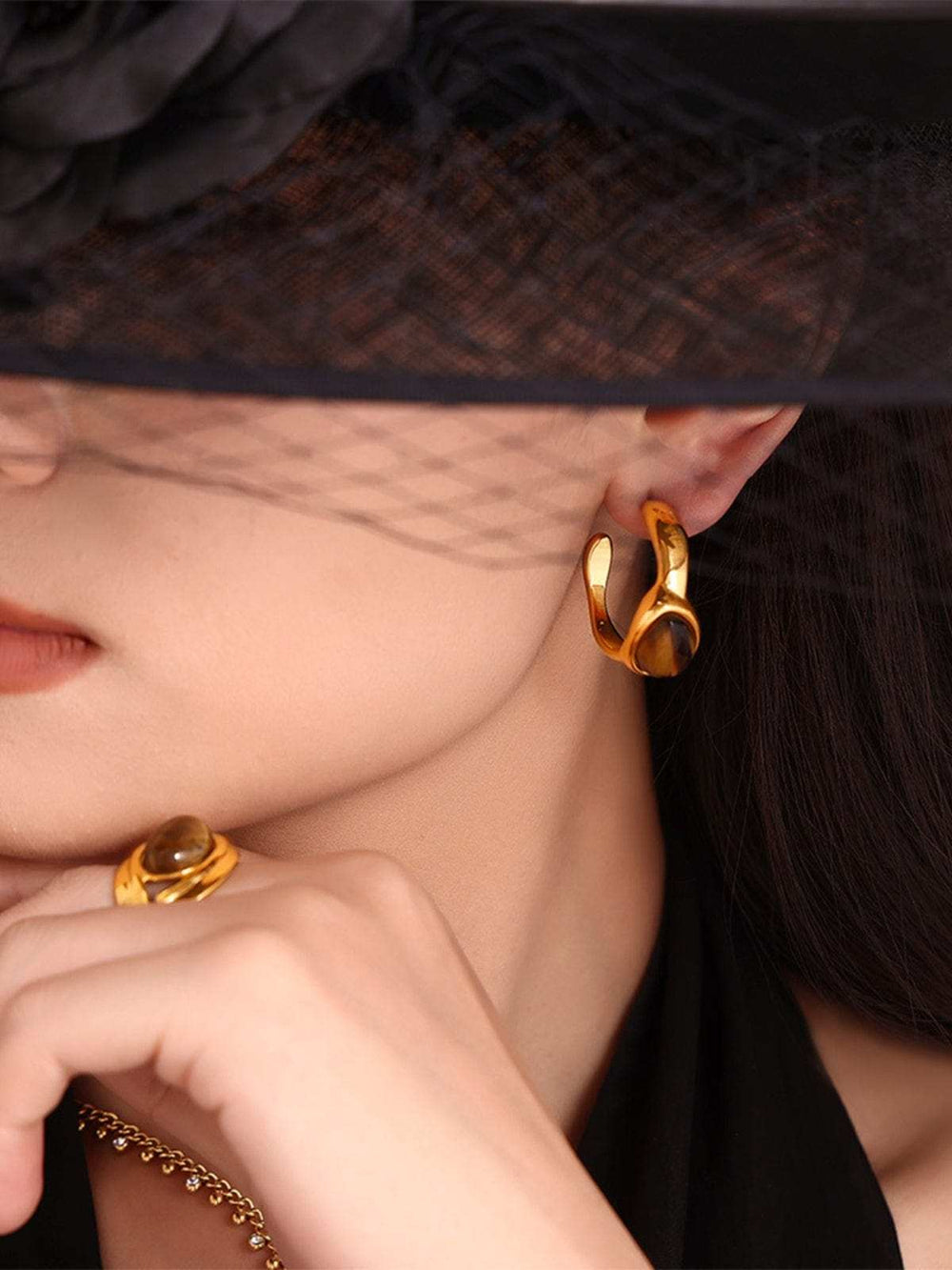 Stainless Steel Tigerite Ring and C-Hoop Earrings Set - Trendsi - Flyclothing LLC