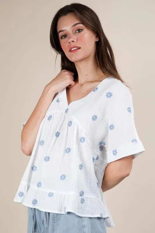 VERY J Flower Embroidered Woven Blouse - Trendsi - Flyclothing LLC