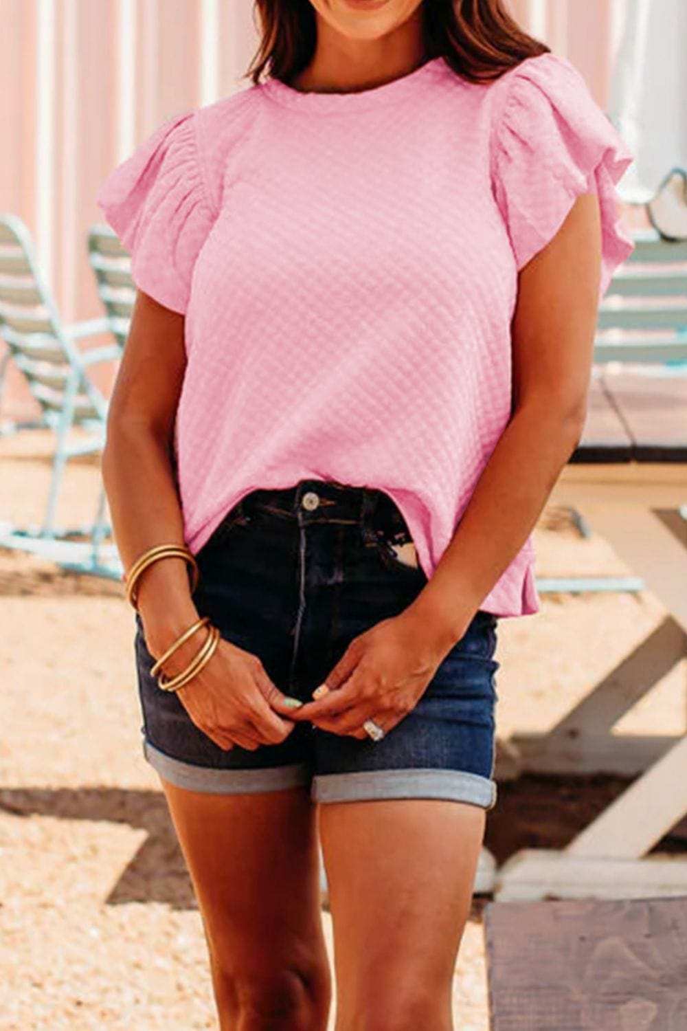 Textured Ruffle Cap Sleeve Top - Trendsi - Flyclothing LLC