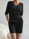 Ribbed V-Neck Top and Shorts Set - Trendsi - Flyclothing LLC