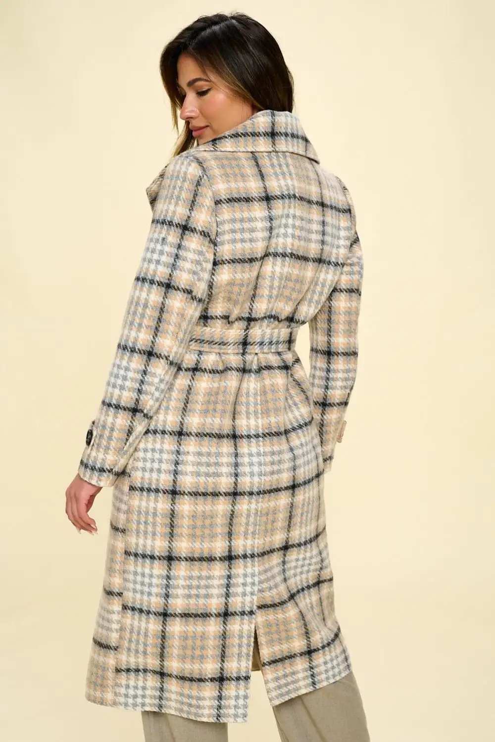 Coalition LA Double-Breasted Plaid Coat with Belt - Trendsi - Flyclothing LLC