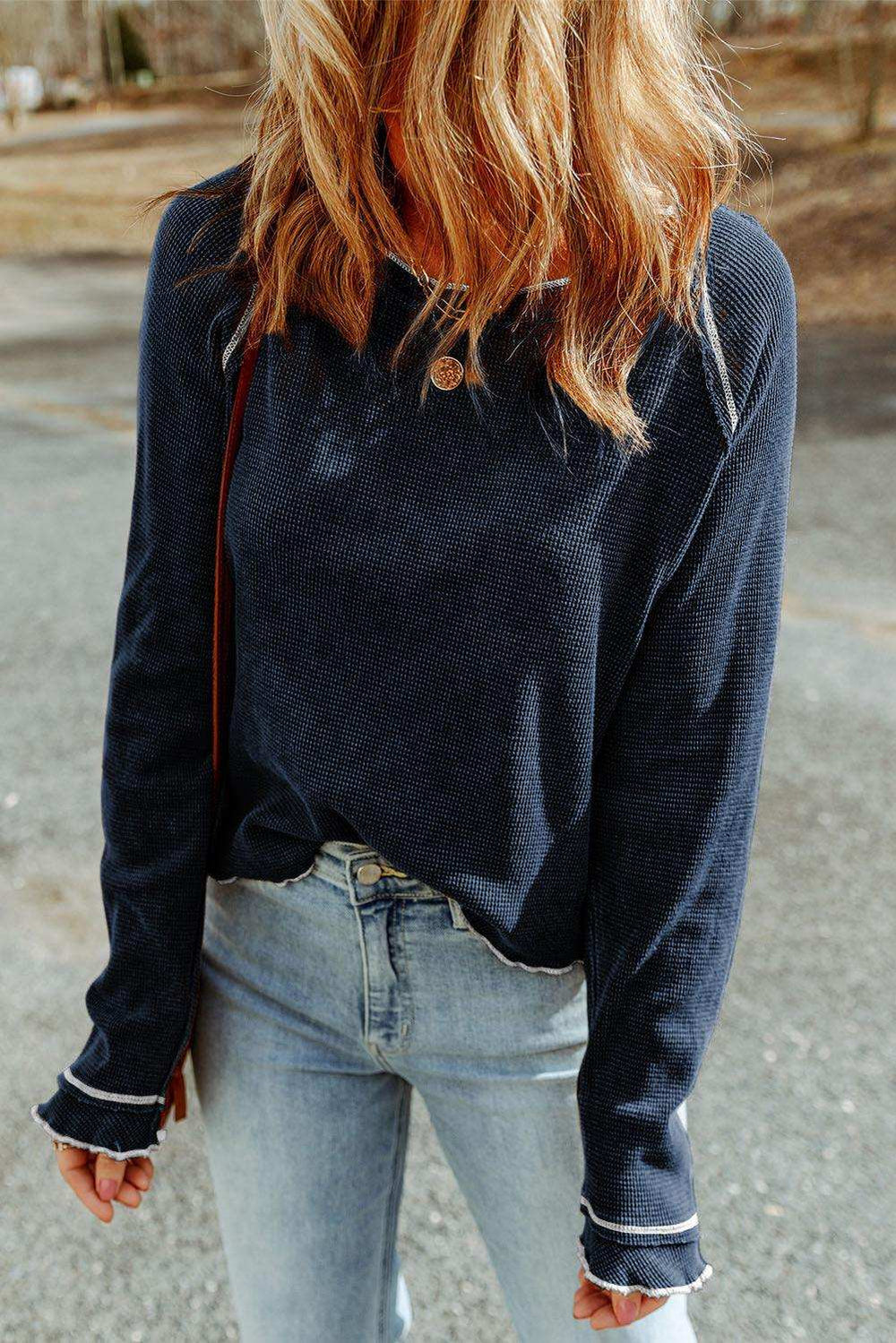 Long Raglan Sleeve Round Neck Top - Trendsi - Flyclothing LLC
