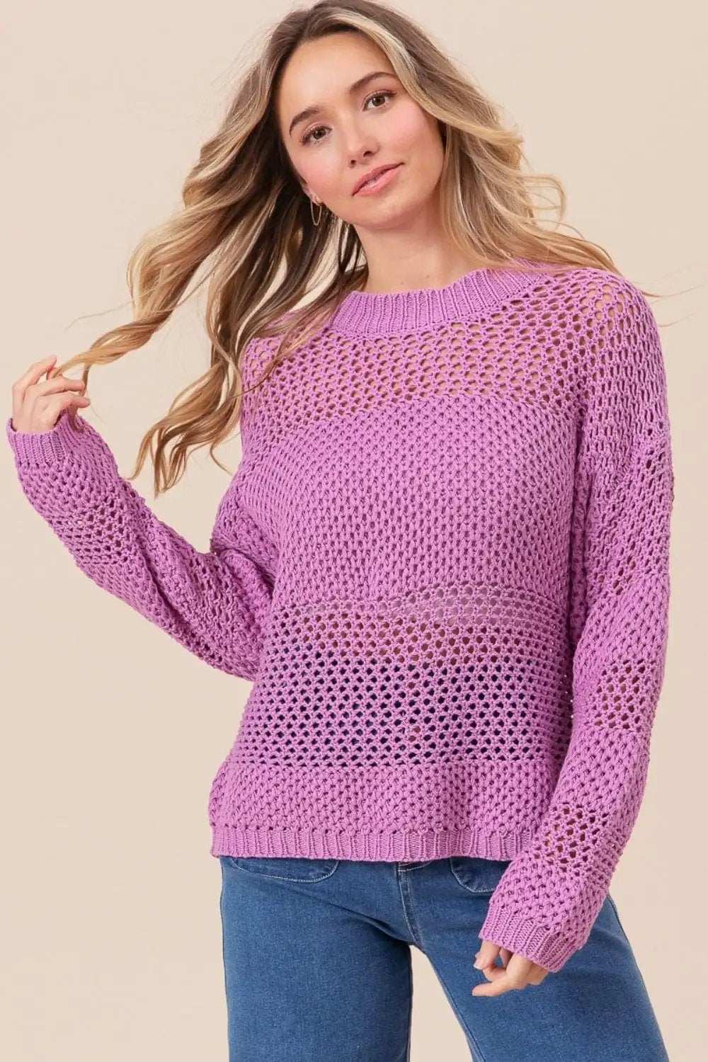 BiBi Openwork Long Sleeve Knit Top - Trendsi - Flyclothing LLC