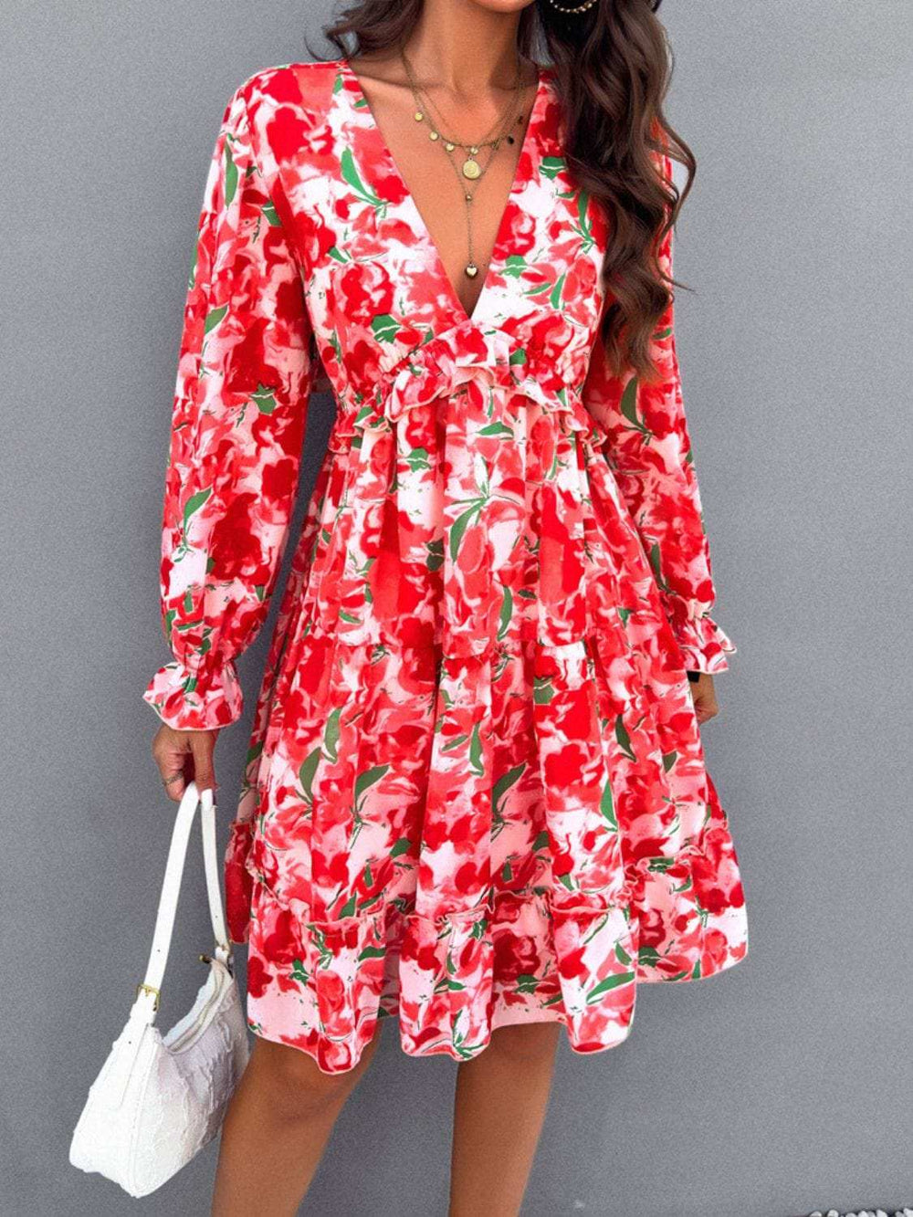 Backless Printed V-Neck Flounce Sleeve Dress - Trendsi - Flyclothing LLC