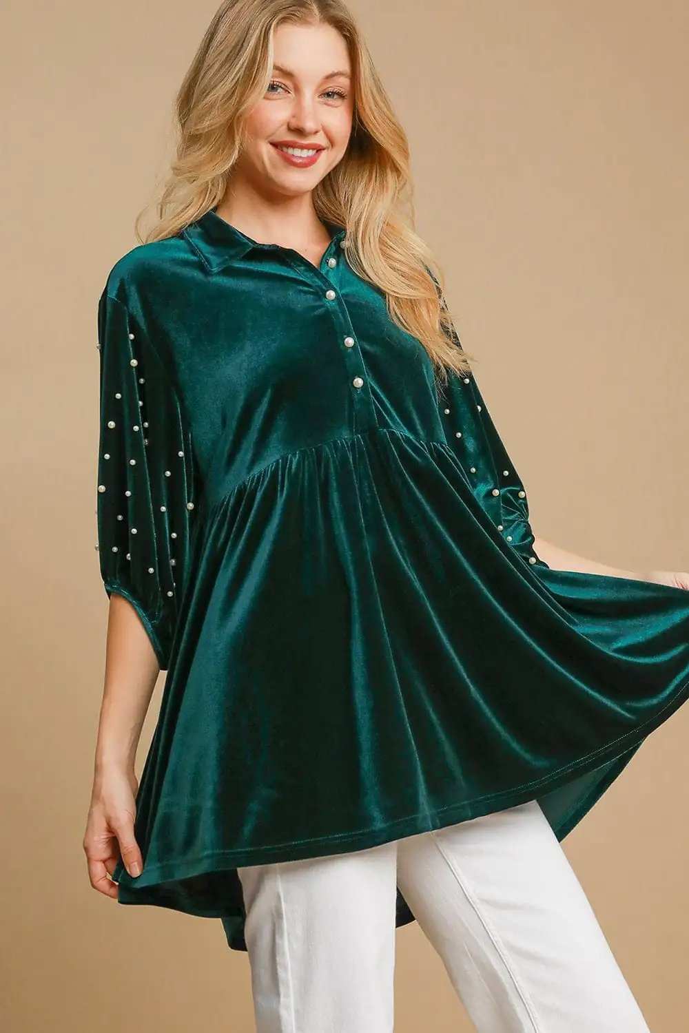 Umgee Pearl Detail Half Sleeve Velvet Babydoll Blouse - Trendsi - Flyclothing LLC