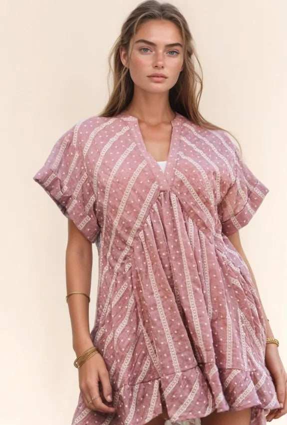 Davi & Dani Embroidery V Neck Short Sleeve Ruffled Mini Dress - Trendsi - Flyclothing LLC