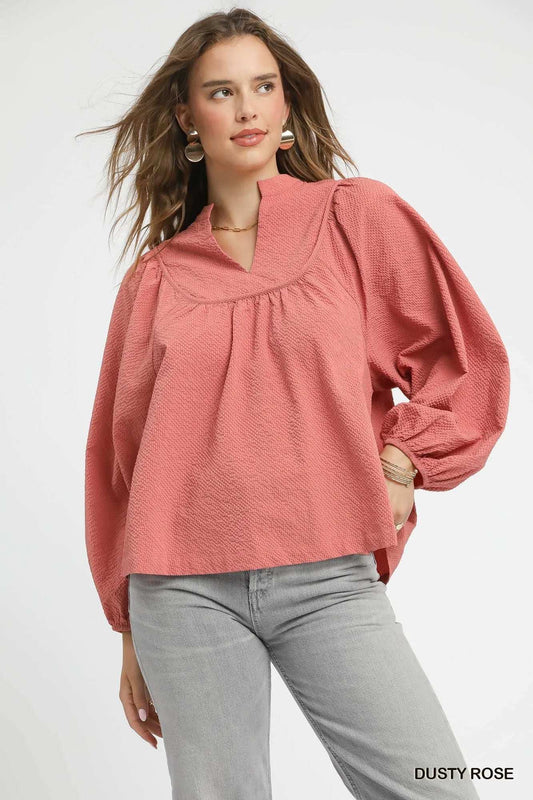 Umgee Textured Notched Blouse with Balloon Sleeves - Trendsi - Flyclothing LLC
