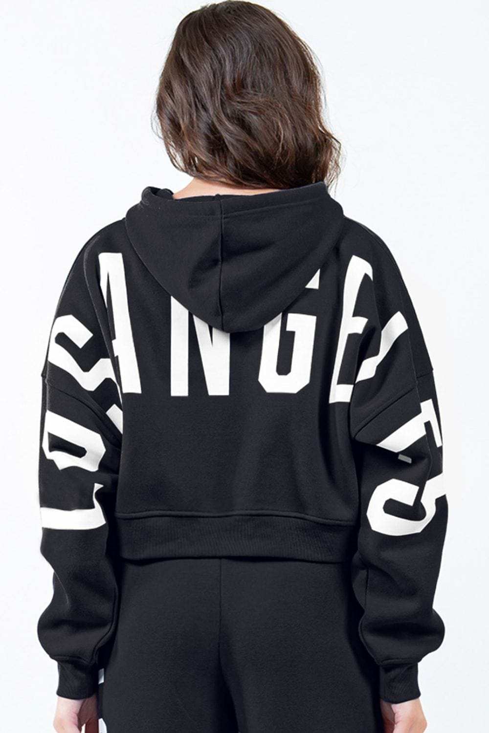 American Bazi Letter Graphic Long Sleeve Drawstring Cropped Hoodie - Trendsi - Flyclothing LLC