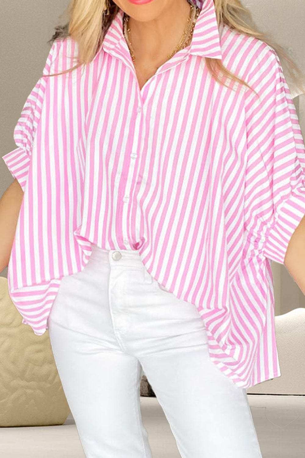Striped Collared Neck Half Sleeve Shirt - Trendsi - Flyclothing LLC