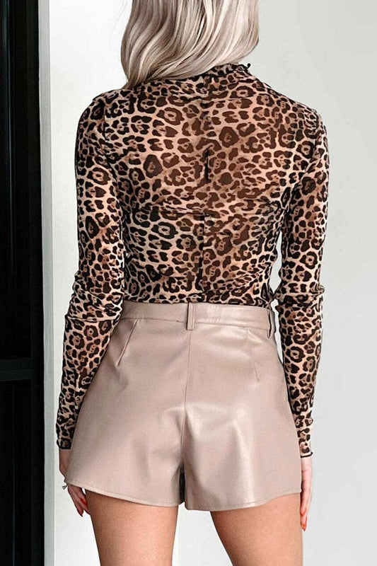 Lovelet Leopard Mock Neck Long Sleeve T-Shirt - Trendsi - Flyclothing LLC