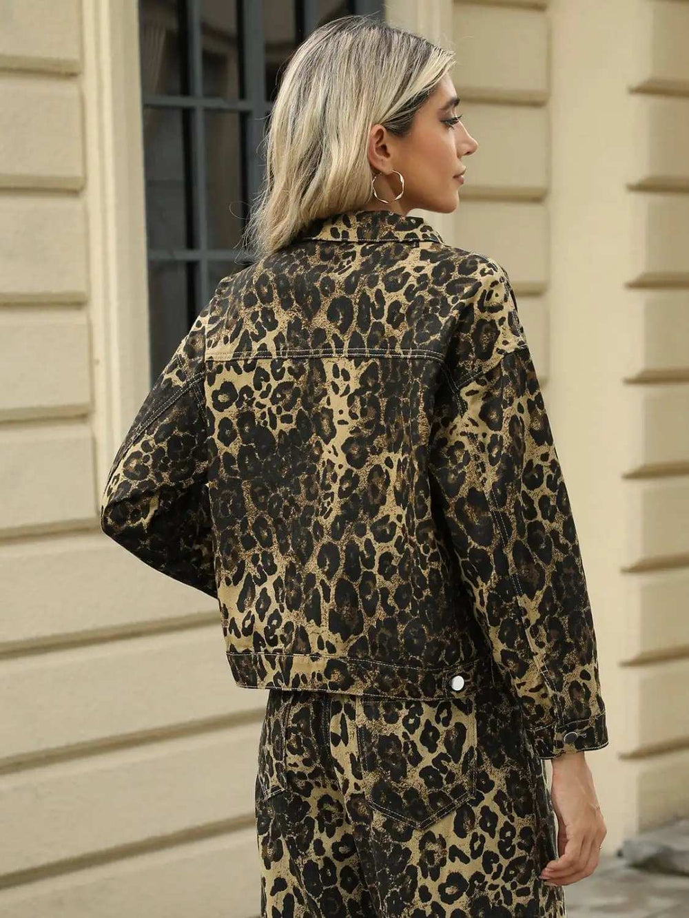 Pocketed Leopard Long Sleeve Denim Jacket - Trendsi - Flyclothing LLC