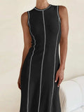 Contrast Stitching Round Neck Sleeveless Midi Dress - Trendsi - Flyclothing LLC