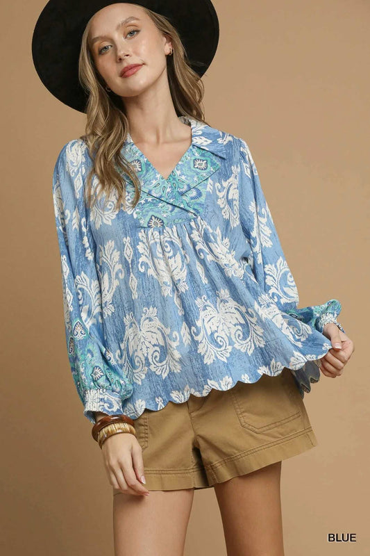 Umgee Printed Long Sleeve Blouse - Trendsi - Flyclothing LLC