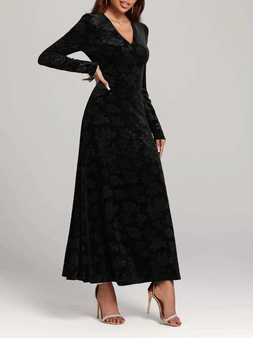 Rose Print V-Neck Long Sleeve Dress - Trendsi - Flyclothing LLC