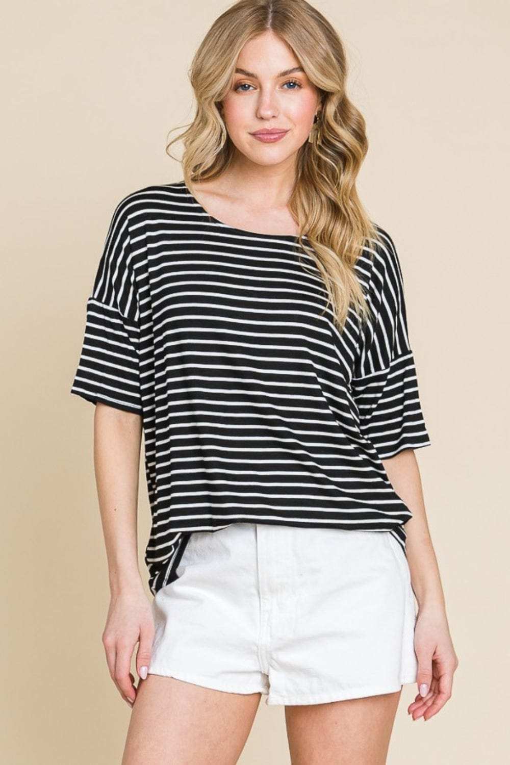 BOMBOM Striped Round Neck T-Shirt - Trendsi - Flyclothing LLC