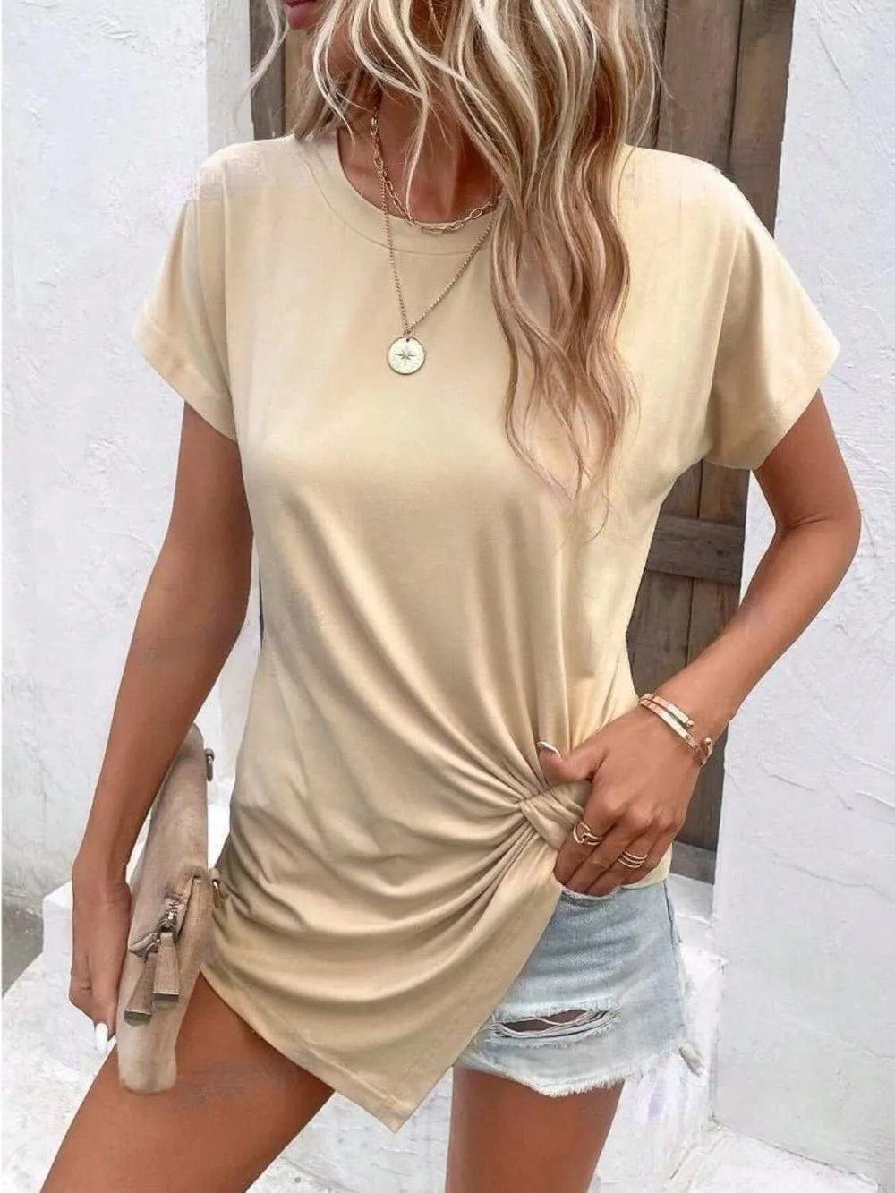 Asymmetric Hem Round Neck T-Shirt - Trendsi - Flyclothing LLC