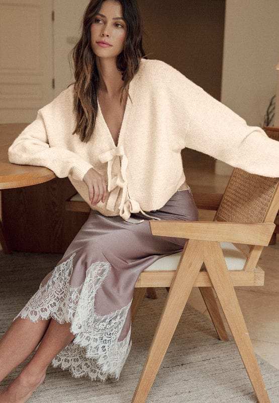 Bowknot Front V Neck Long Sleeve Cardigan - Trendsi - Flyclothing LLC