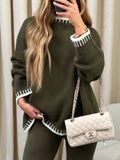 Contrast Trim Round Neck Top and Pants Sweater Set - Trendsi - Flyclothing LLC