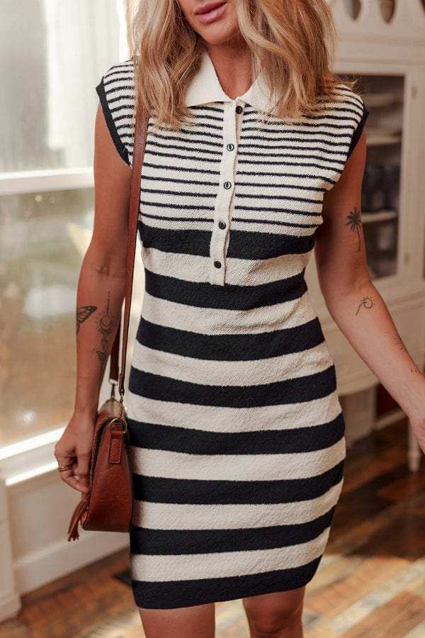 Striped Cap Sleeve Bodycon Sweater Dress - Trendsi - Flyclothing LLC